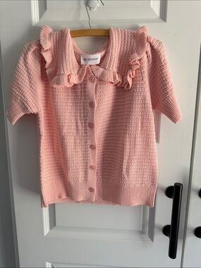 Anthro Self Contrast Women’s Pink Ruffle Collar Knit sweater size small